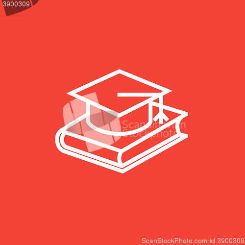 Image of Graduation cap laying on book line icon.