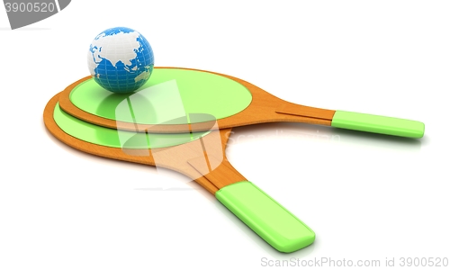 Image of Rackets for playing table tennis and Earth. Global concept. 3D r