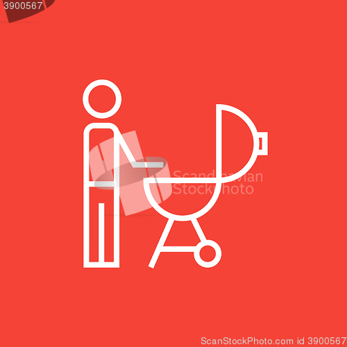 Image of Man at barbecue grill line icon.