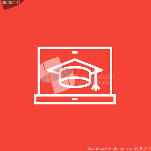 Image of Laptop with graduation cap on screen line icon.