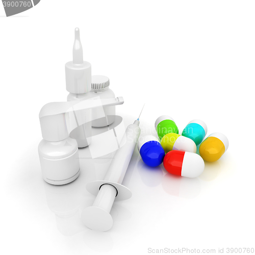 Image of Syringe, tablet, pill jar. 3D illustration