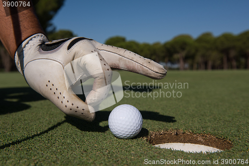 Image of man\'s hand putting golf ball in hole