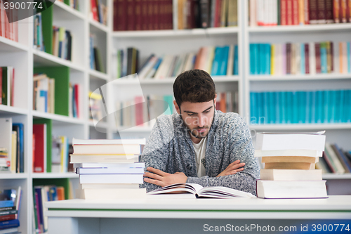 Image of portrait of student while reading book  in school library