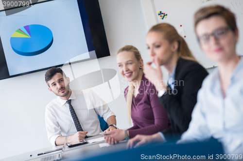 Image of young business people group on team meeting at modern office