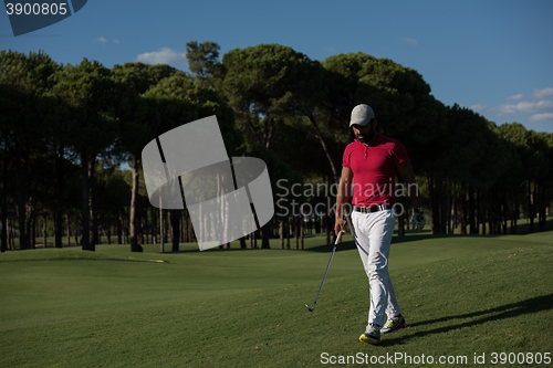 Image of golf player walking and carrying driver