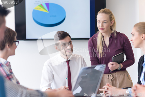 Image of young business people group on meeting at modern office