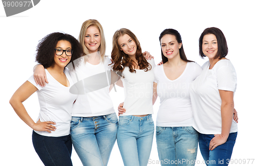 Image of group of happy different women in white t-shirts