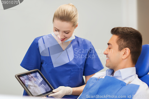 Image of dentist with x-ray on tablet pc and male patient