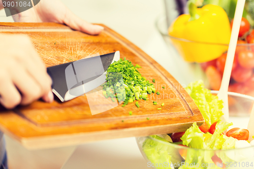 Image of close up of woman with chopped onion cooking salad