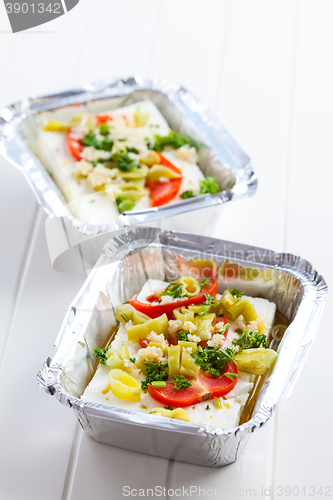 Image of Feta cheese in baking pan for grill