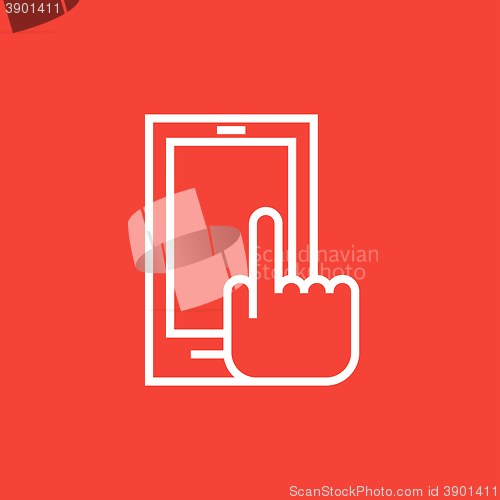 Image of Finger pointing at smart phone line icon.