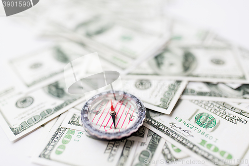 Image of close up of compass and dollar money