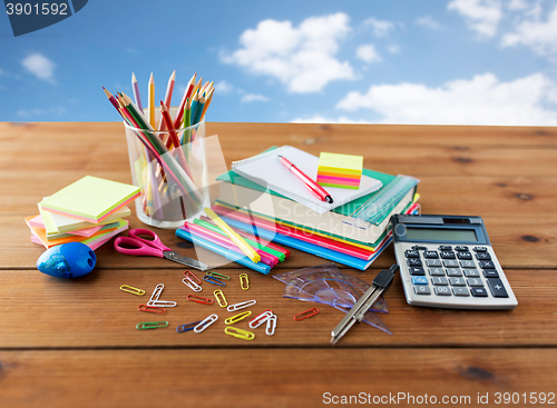 Image of close up of stationery or school supplies on table