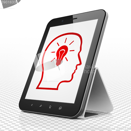 Image of Finance concept: Tablet Computer with Head With Lightbulb on display