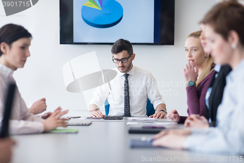 Image of young business people group on team meeting at modern office