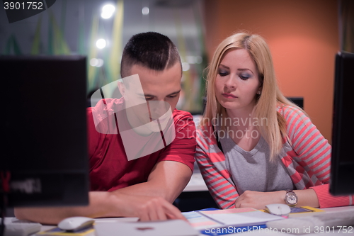 Image of technology students group working  in computer lab school  class