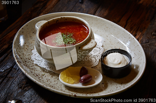 Image of Russian and Ukrainian soup solyanka. 