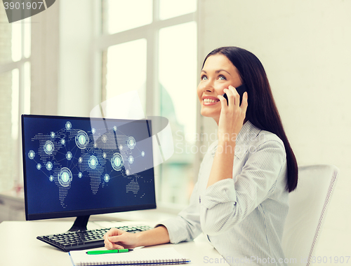 Image of smiling businesswoman or student with smartphone