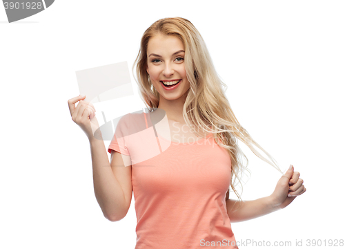 Image of happy woman or teen girl with blank white paper