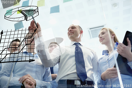 Image of smiling business people with marker and stickers