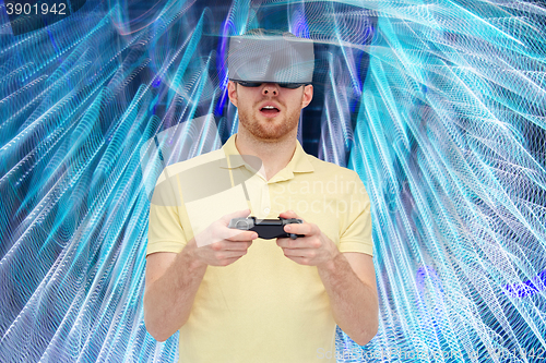 Image of man in virtual reality headset or 3d glasses