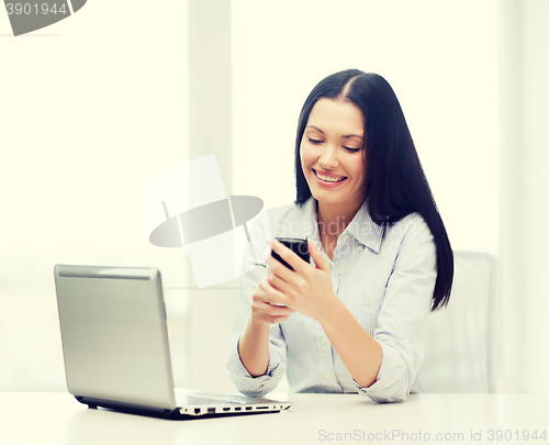 Image of smiling businesswoman or student with laptop