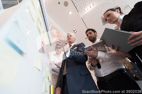 Image of business people group brainstorming and taking notes to flipboar