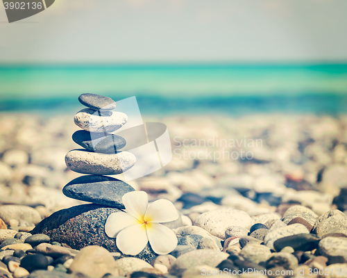 Image of Zen balanced stones stack with plumeria flower