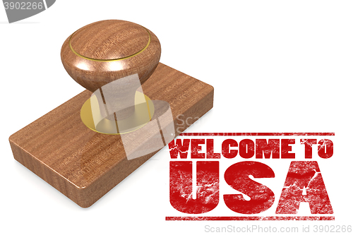Image of Red rubber stamp with welcome to USA