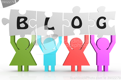 Image of Four people hold puzzle with blog word