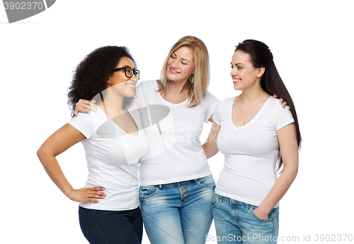 Image of group of happy different women in white t-shirts