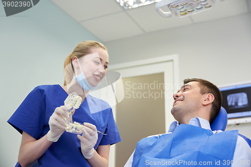 Image of happy dentist showing jaw layout to male patient