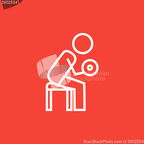 Image of Man exercising with dumbbells line icon.