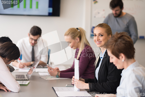 Image of young business people group on team meeting at modern office