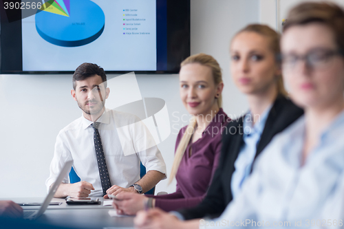 Image of young business people group on team meeting at modern office