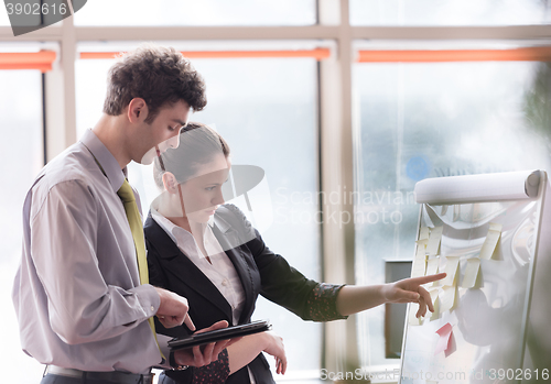 Image of young couple working on flip board at office