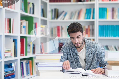 Image of portrait of student while reading book  in school library