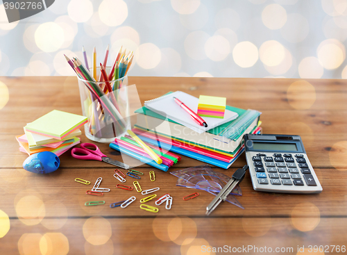 Image of close up of stationery or school supplies on table