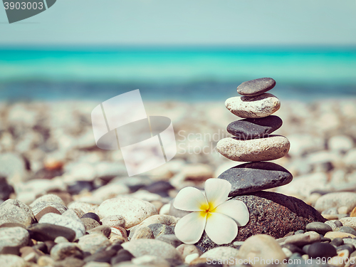 Image of Zen balanced stones stack with plumeria flower