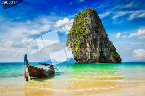 Image of Long tail boat on beach, Thailand