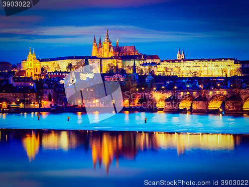 Image of View of Charles Bridge and Prague Castle in twilight