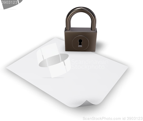 Image of padlock and blank paper sheet - 3d rendering