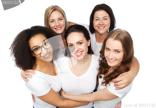 Image of group of happy different women in white t-shirts