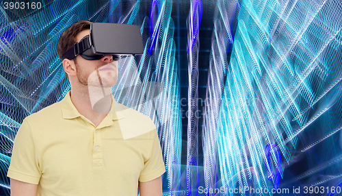 Image of man in virtual reality headset or 3d glasses