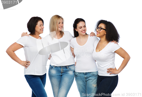 Image of group of happy different women in white t-shirts