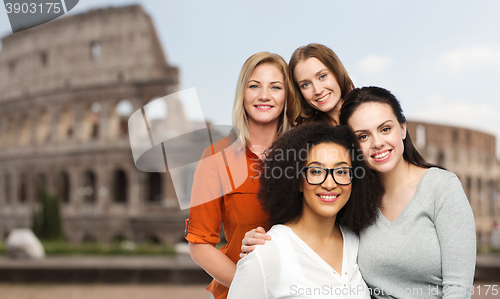 Image of group of happy different women over coliseum