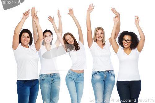 Image of group of happy different women in white t-shirts