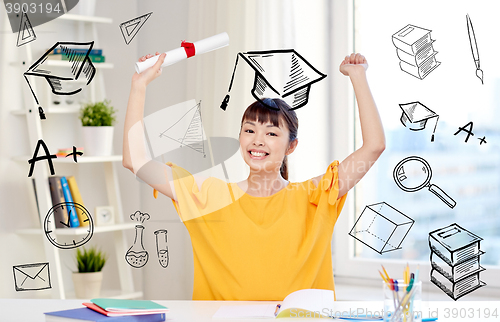 Image of happy asian woman student with diploma at home