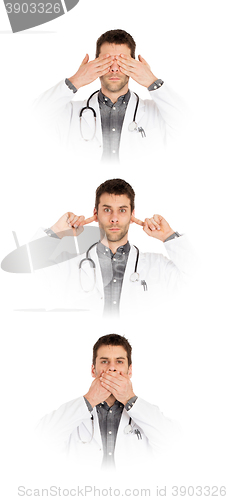 Image of Doctor isolated on white - Sees, hears and speaks no evil 