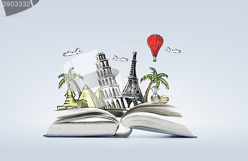 Image of open book with landmarks drawing